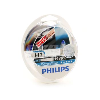 Лампы "PHILIPS" 12v H1 55W (P14,5s) X-treme Vision (+130% cвета) (комплект 2 шт.)